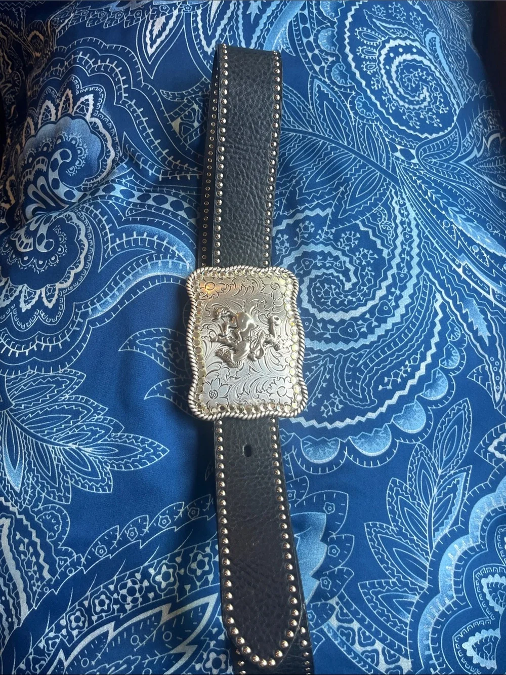 Nocona Black Leather Western Belt with Ornate Silver Rodeo Buckle sz S